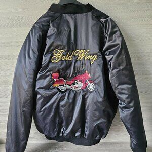 Vintage 90s Black Satin Bomber Jacket Moto Goldwing Graphic NAME Cardinal XL